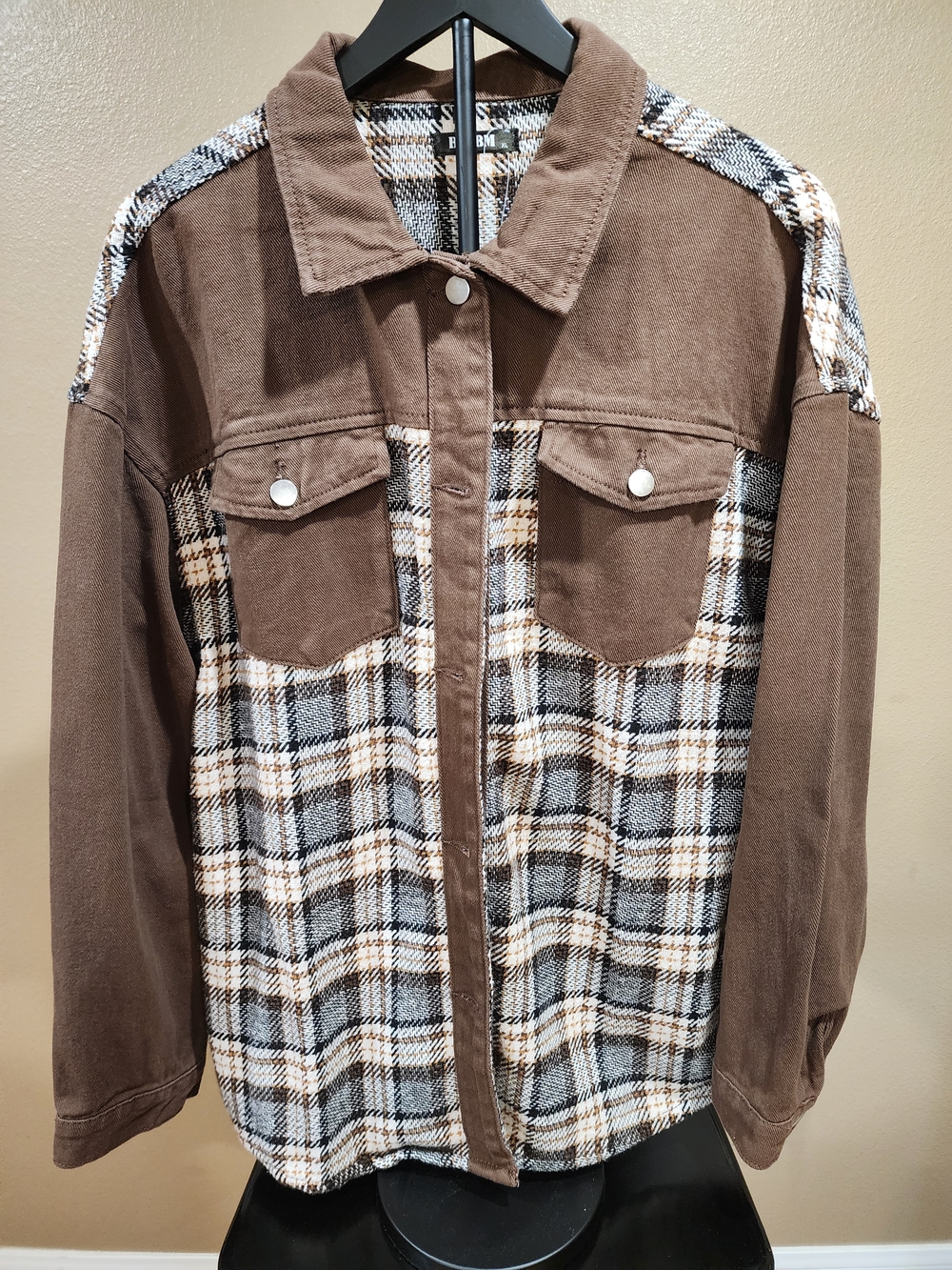 Brown Plaid Mixed-Media Shacket - Women